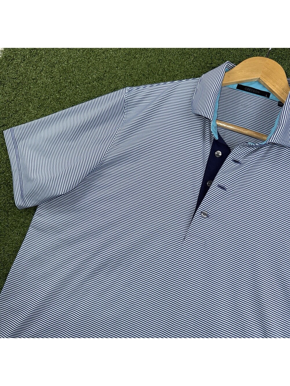 Greyson Men Polo Shirt Size L Blue White Stripe Performance Premium Golf Preppy
